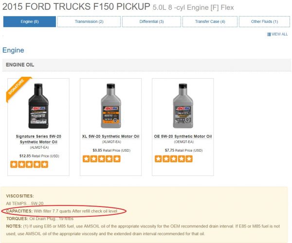 Amsoil motor engine oil product page with viscosity capacity circled 