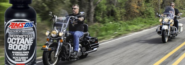 2 Harley Davidsons on the road - Amsoil motorcycle octane boost product